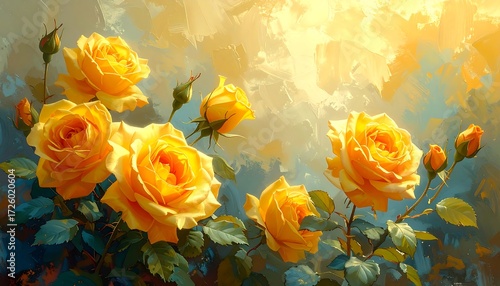 Fototapeta Naklejka Na Ścianę i Meble -  Yellow roses in garden setting