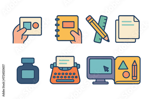 Colorful vintage office icons: typewriter, notebook, and stationery in pastel tones