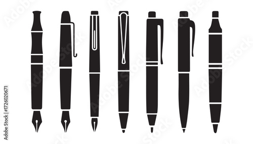 Collection of elegant black pens on white background