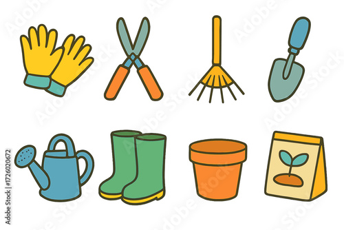 Colorful gardening tools icons set on gradient background