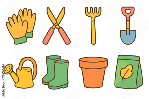 Colorful gardening tools icons set on a rustic background