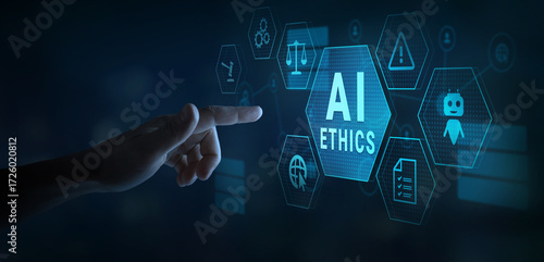 AI ethics concept on touchscreen. Ethical standards and regulations of AI technology.	 Law in artificial intelligence governance.