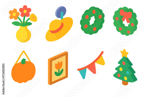 Colorful isometric holiday icons with festive decorations and seasonal themes