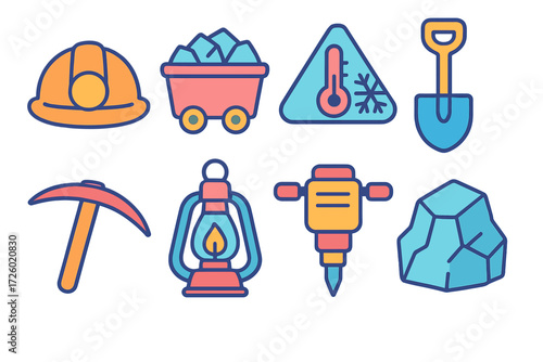 Colorful neon mining icons featuring tools and equipment with gradient background