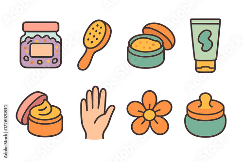 Colorful flat beauty icons: skincare, lotion, cream, spa collection