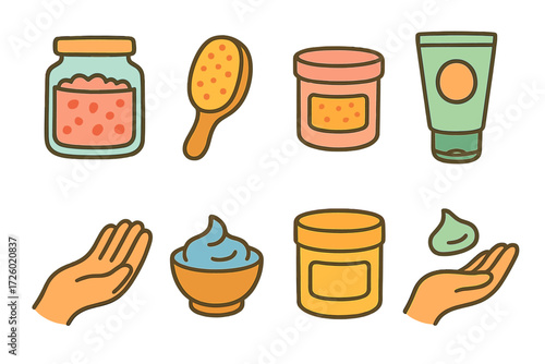 Spa and skincare icons on warm background: creams, lotions, and beauty tools
