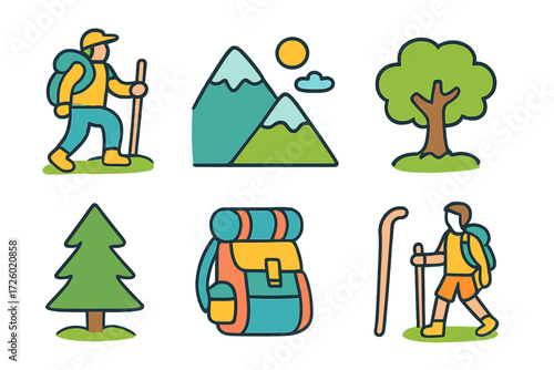 Colorful cartoon hiking adventure with scenic landscapes and trekking gear