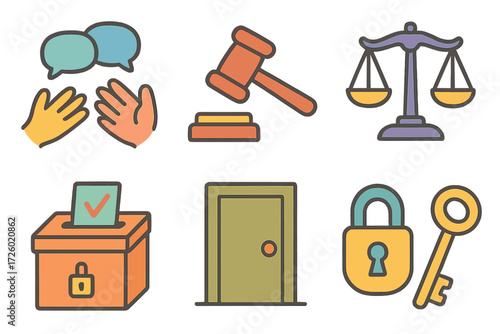 Colorful linear icons of communication, justice, voting, and security
