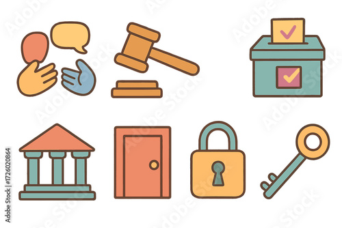 Voting and justice symbols with speech, gavel, and security elements in a flat design style