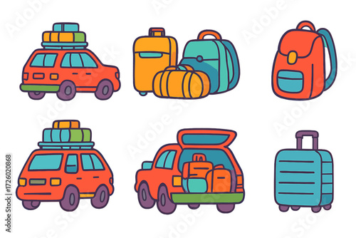 Colorful travel set with cars and luggage in doodle style for adventure and vacation themes
