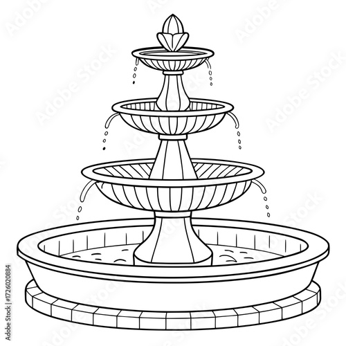 Elegant tiered fountain with flowing water in a simple black and white line drawing style perfect for coloring books and creative projects