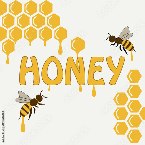 Honey themed design with bees and dripping honeycombs creating a sweet and natural food concept for branding and marketing materials