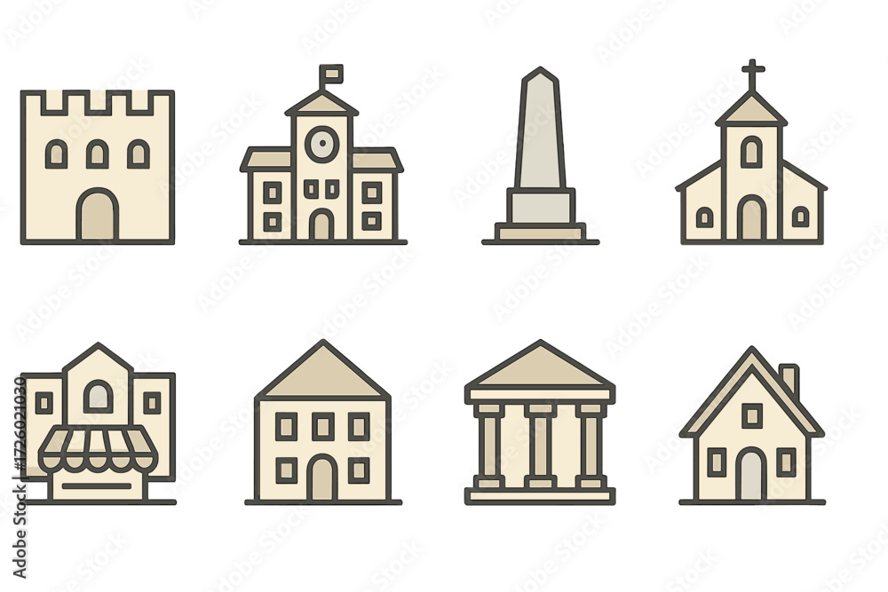 Fototapeta premium Minimalistic icons of classic buildings and landmarks in linear style
