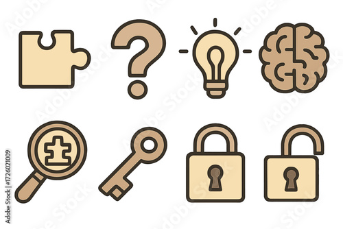 Puzzle and security icons with brain and key elements on bronze background