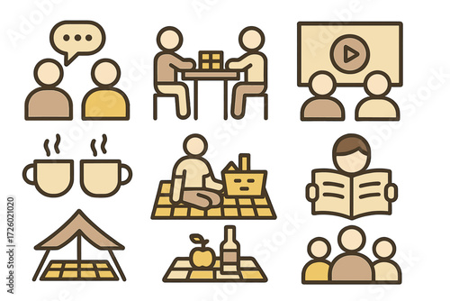 Flat style icons of social activities: meetings, picnics, and presentations