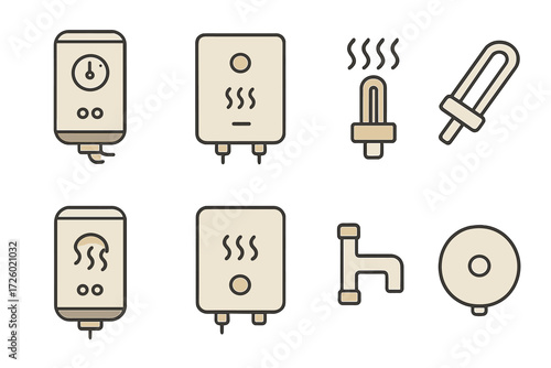 Modern linear icons of water heaters and heating elements on a metallic background