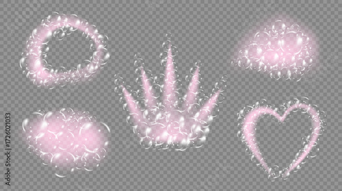 Isolated vector pink foam with soap bubbles in the shapes of a crown, heart, and circle. Cleaning and washing, hygiene and freshness. Suitable for detergent, shampoo, shower gel, or shaving product.