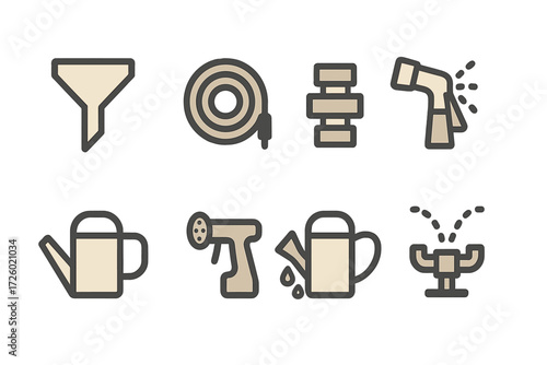 Garden tool icons: modern flat design for watering equipment