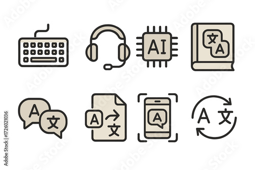 Ai translation icons set with keyboard, headset, and language tools in linear style