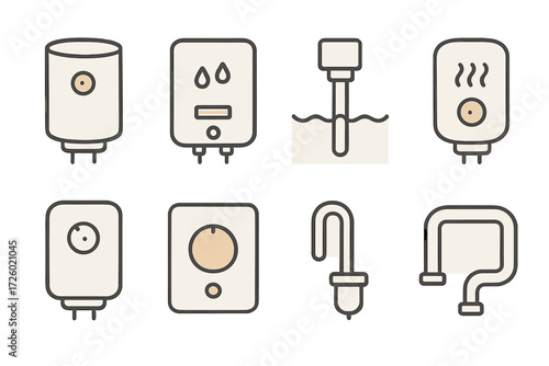 Minimalistic icons of water heaters and plumbing components for home design
