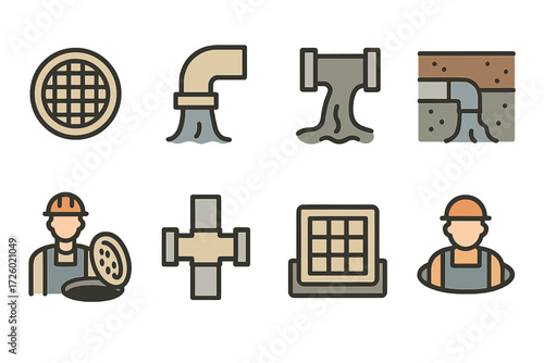 Plumbing and construction icons set in gradient neon outline style