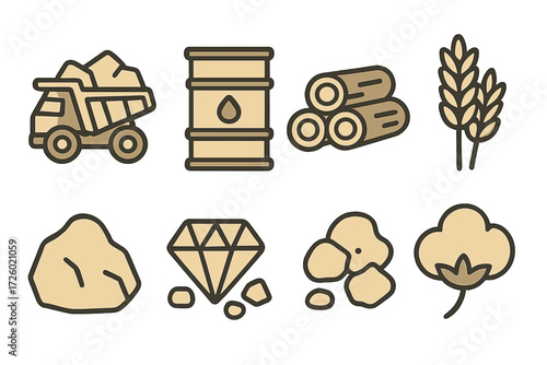 Linear icons of natural resources and commodities featuring truck, barrel, and more