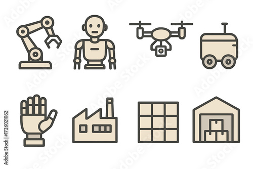 Futuristic robotics and automation icons in linear style on wooden background