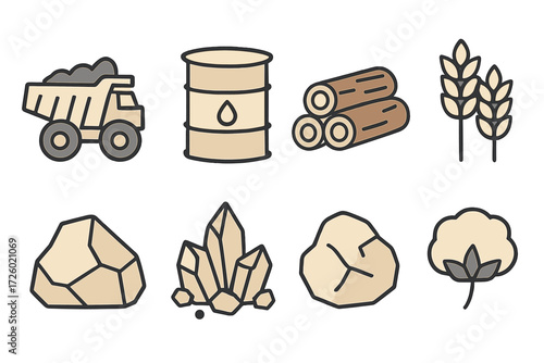 Natural resources icons set: energy, agriculture, minerals and logging