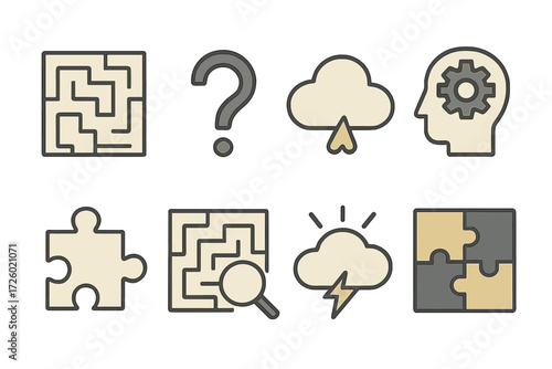 Collection of linear puzzle and solution icons featuring maze, cloud, and question mark