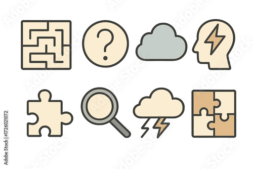 Problem solving and strategy icons in linear design set on gradient background