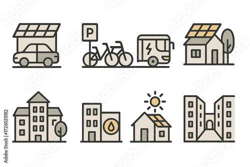 Eco-friendly urban icons featuring solar, electric vehicles, and sustainable living concepts