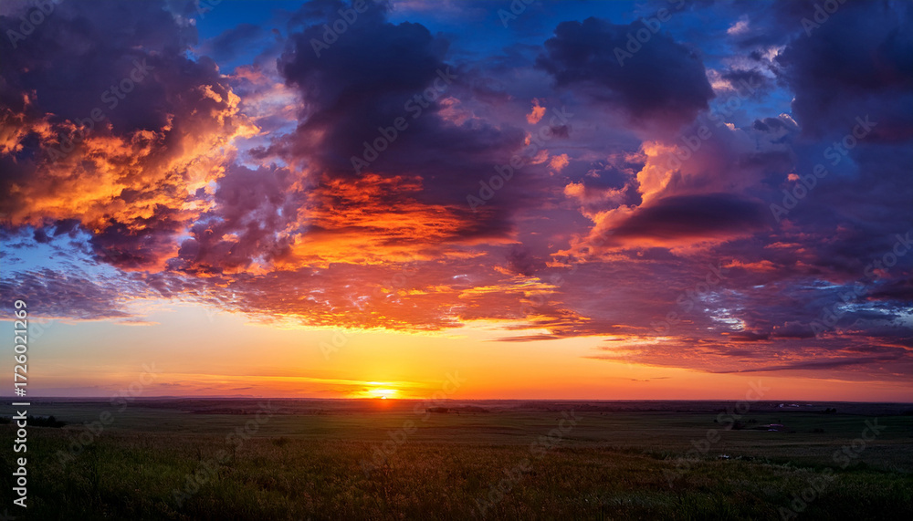 Obraz premium Vibrant Clouds Illuminate The Evening Sky During Sunset Over A Tranquil Horizon