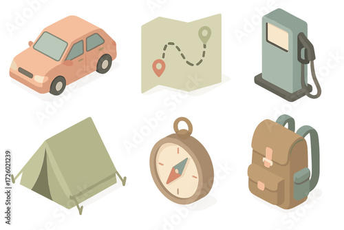 Road Trip Icons. Isometric vector illustration set of road trip icons: car, map with route, fuel pump, roadside tent, compass,