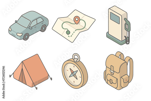 Road Trip Icons. Isometric vector illustration set of road trip icons: car, map with route, fuel pump, roadside tent, compass,
