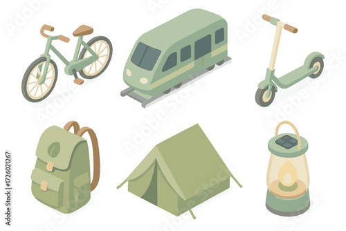 Eco Travel Icons. Isometric vector illustration set of eco travel icons: bicycle, train, electric scooter, reusable backpack,