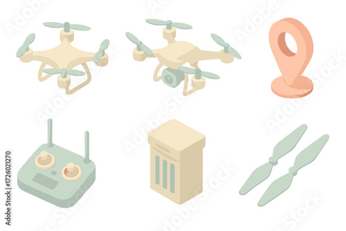 Drone Icon Set. Isometric vector illustration set of drone icons: quadcopter drone, drone with camera, remote controller, GPS