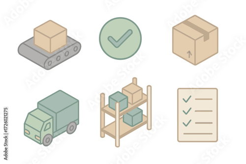 Production Workflow Icons. Isometric vector illustration set of production workflow icons: conveyor belt, quality checkmark,