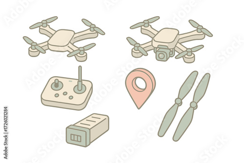 Drone Icon Set. Isometric vector illustration set of drone icons: quadcopter drone, drone with camera, remote controller, GPS