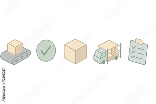 Production Workflow Icons. Isometric vector illustration set of production workflow icons: conveyor belt, quality checkmark,