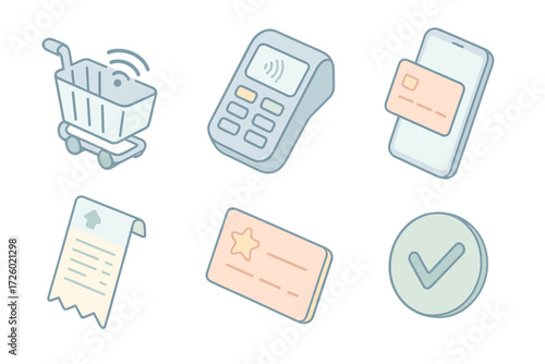 Contactless Shopping Icons. Isometric vector illustration set of contactless shopping icons: wireless shopping cart, NFC checkout,