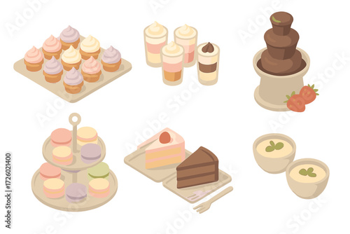 Dessert Buffet Icons. Isometric vector illustration set Dessert Buffet Items: mini cupcakes in rows, dessert shooter glasses,