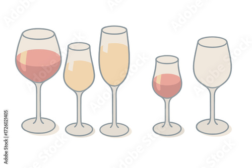 Elegant Wine Glasses. Isometric vector illustration set Wine Glassware Types: red wine balloon glass, white wine tulip glass,