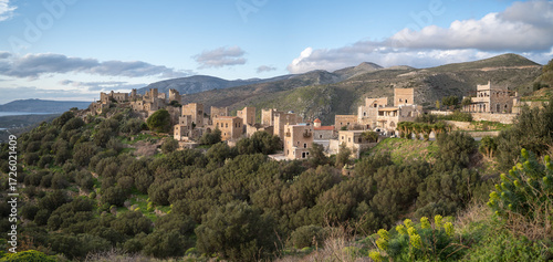Panorama view of Vathia village at Peloponnese peninsula in Greece.