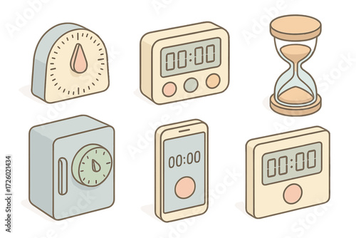 Kitchen Timing Tools. Isometric vector illustration set Kitchen Timing Tools: analog dial kitchen timer, digital countdown timer