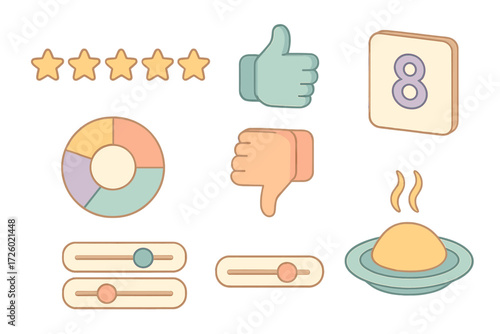 Evaluation Symbols Illustration. Isometric vector illustration set Critic’s Evaluation Symbols: star rating system, thumbs up and