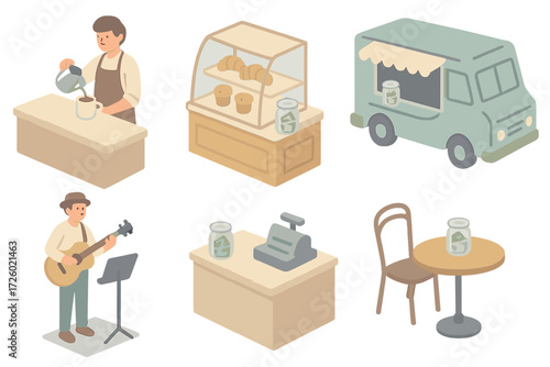 Tip Jar Scenes. Isometric vector illustration set Tip Jar Placement Scenes: jar at coffee bar edge, jar on bakery display case,