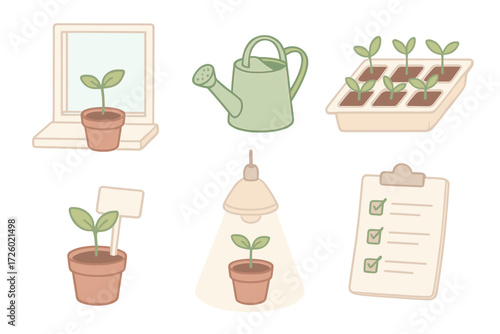 Indoor Plant Nurturing. Isometric vector illustration set Indoor Plant Nurturing: seedling near window light, watering can on