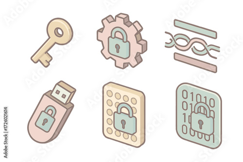 Digital Encryption Tools. Isometric vector illustration set Digital encryption tools: encryption key icon, algorithm gear symbol,