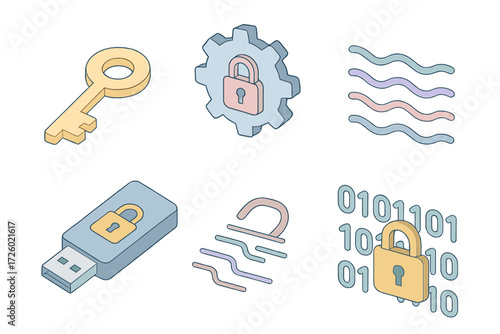 Digital Encryption Tools. Isometric vector illustration set Digital encryption tools: encryption key icon, algorithm gear symbol,