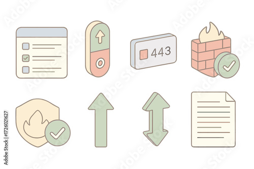 Firewall Rule Management. Isometric vector illustration set Firewall rule management: policy list interface, allow deny traffic